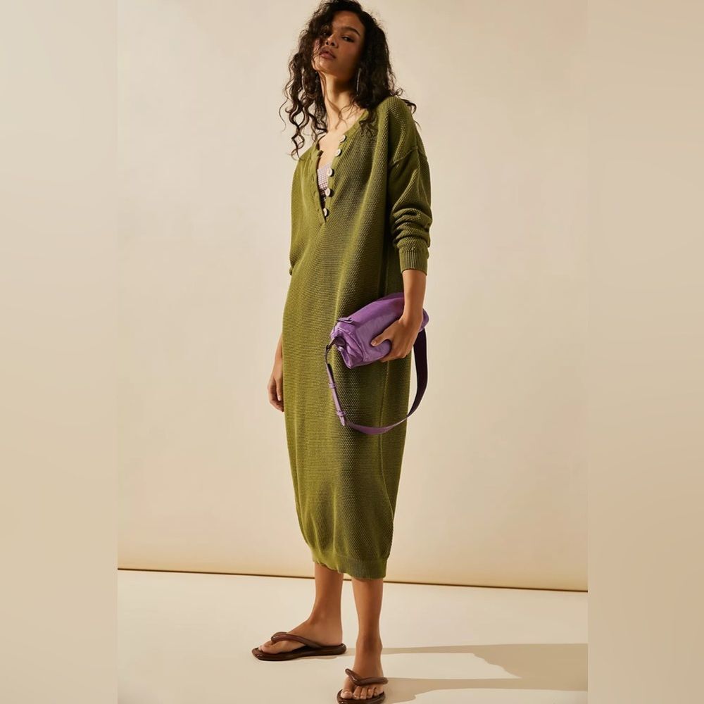 Free People FP Beach Olive Cotton Knit Sweater Dress Sz S Relaxed Fit Vacation